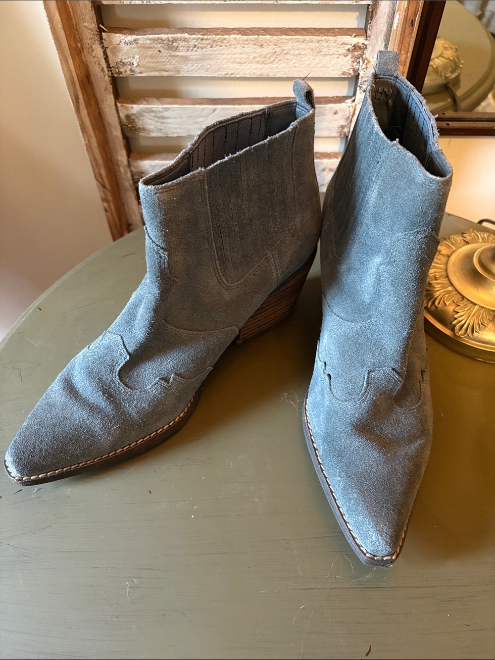 Sam Edelman Slate Blue Suede Pointed Western Booties